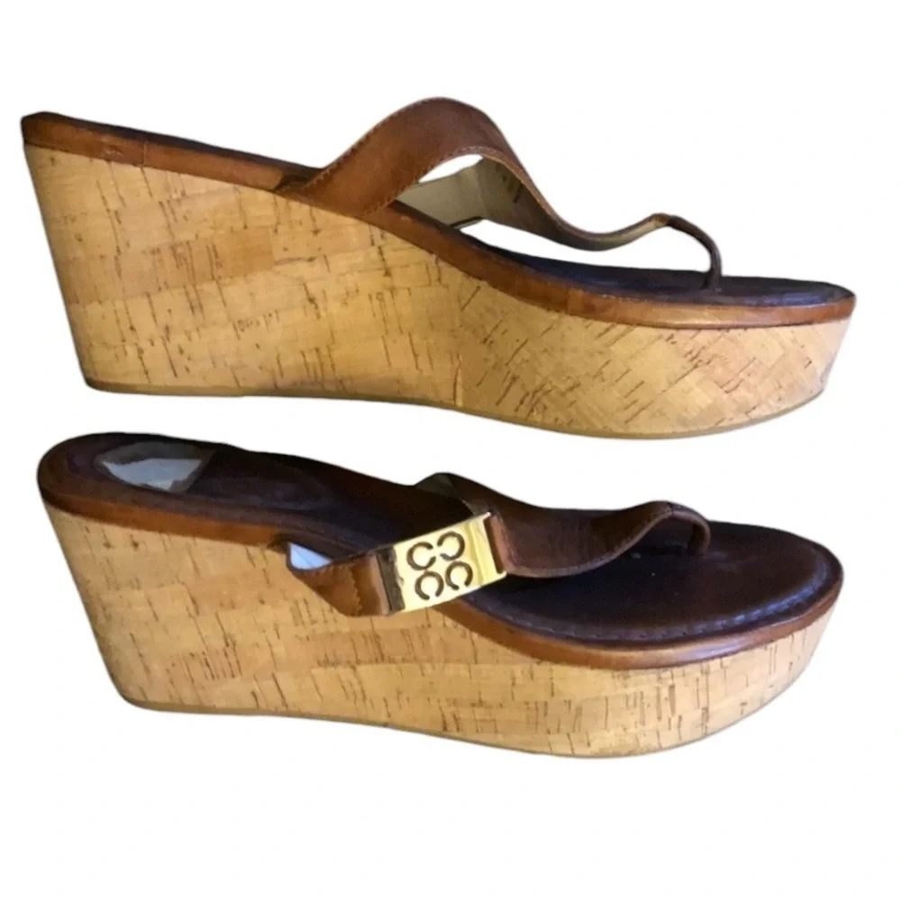 Coach size 10 British Tan / Cognac leather thong heel ,wedge with cork heel